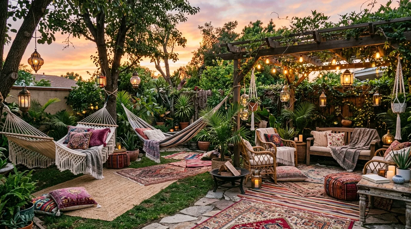 Boho-style large backyard with hammocks, rugs, lanterns, and relaxed seating zones.