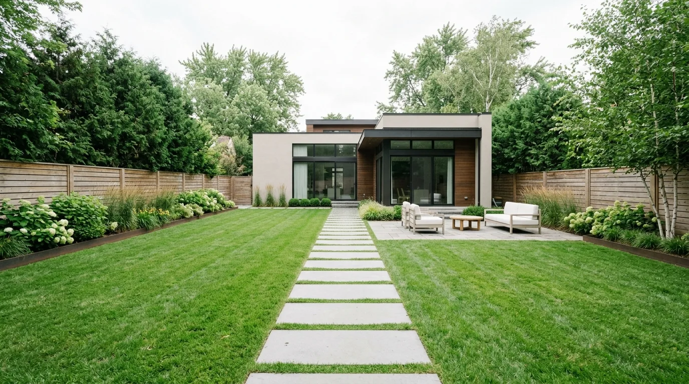 Minimalist large backyard with open green lawn and simple lounge furniture.
