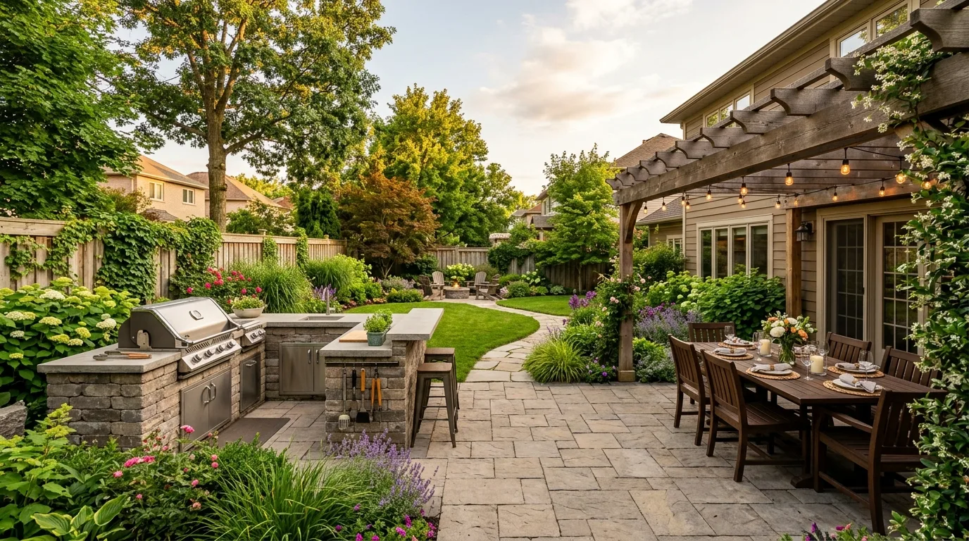Suburban backyard designed for entertaining with BBQ station and dining patio.