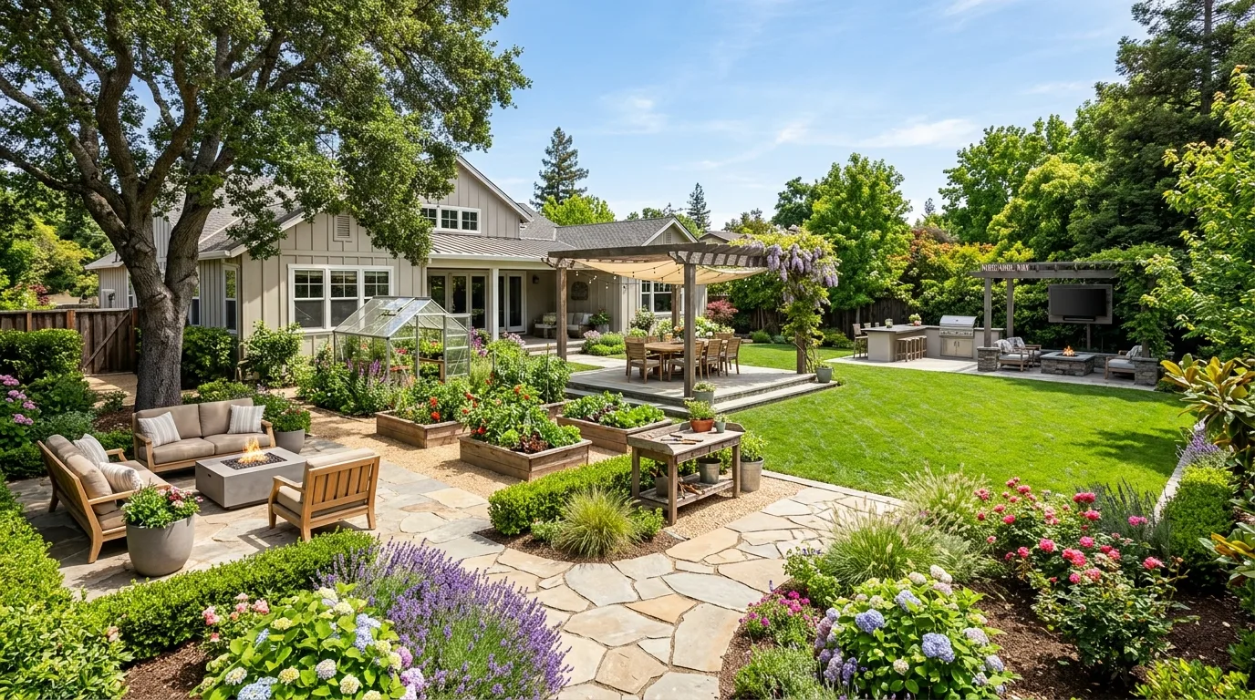 Fully designed large backyard with multiple functional zones for dining, relaxing, gardening, and entertainment.