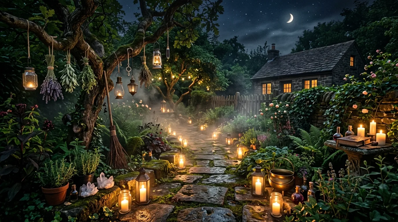 Witchy backyard with glowing candles along a stone path and moody garden lighting.
