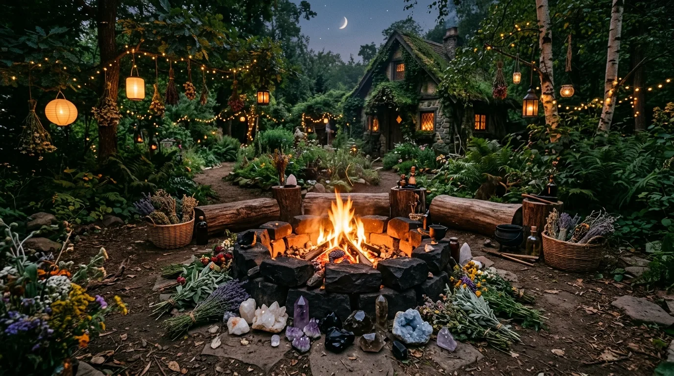 Witch garden with fire pit, black stones, crystals, and dried plants.