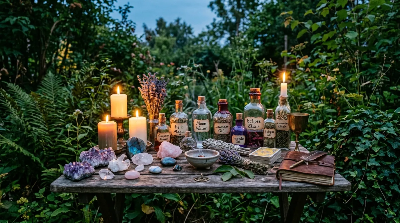 Spellbinding backyard altar with wooden table, crystals, candles, and potion bottles.