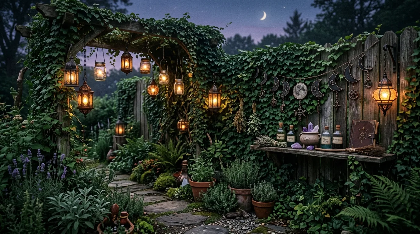 Witchy garden corner with hanging lanterns, moon phase decorations, and ivy-covered fence.