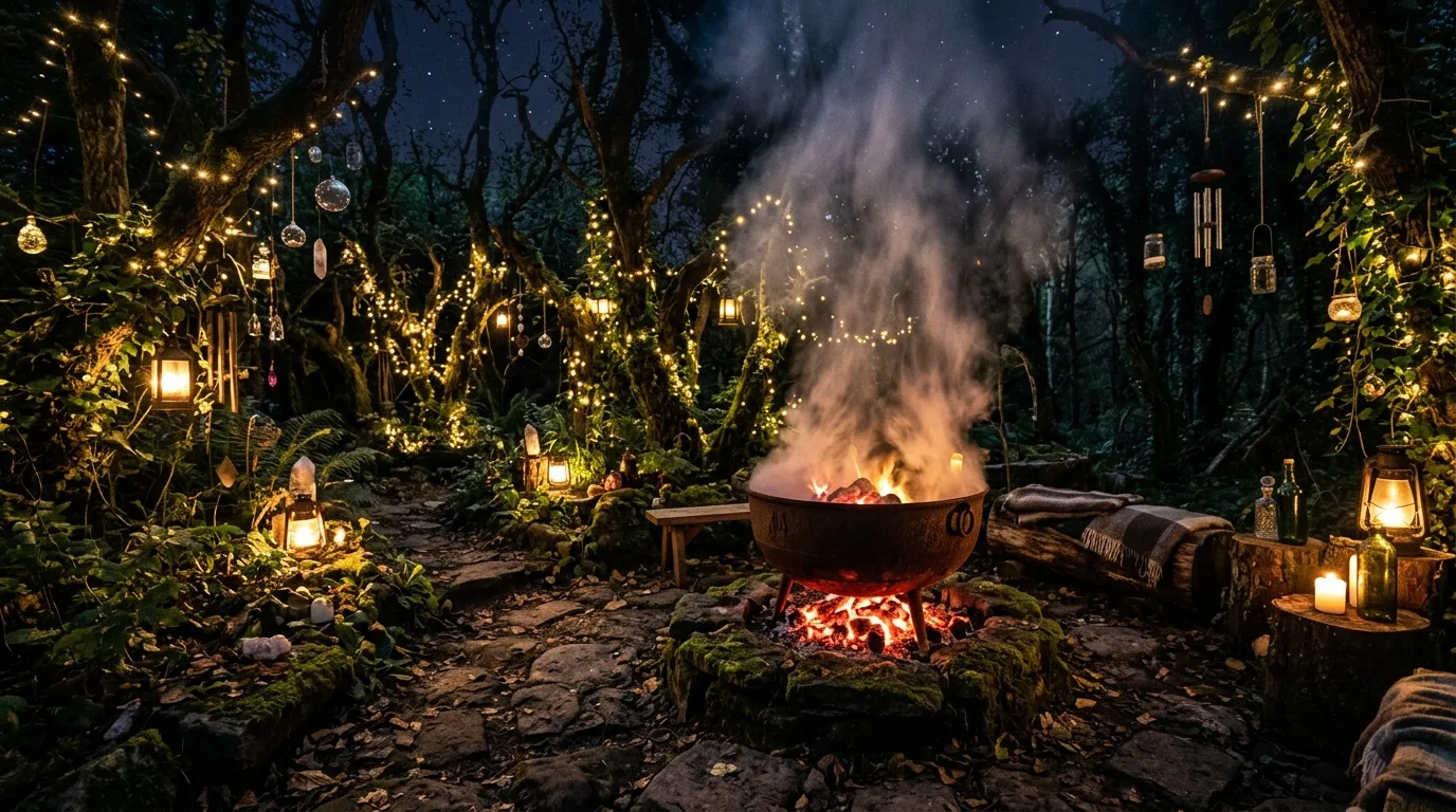 Mystical backyard with a cauldron-style fire bowl and glowing embers.