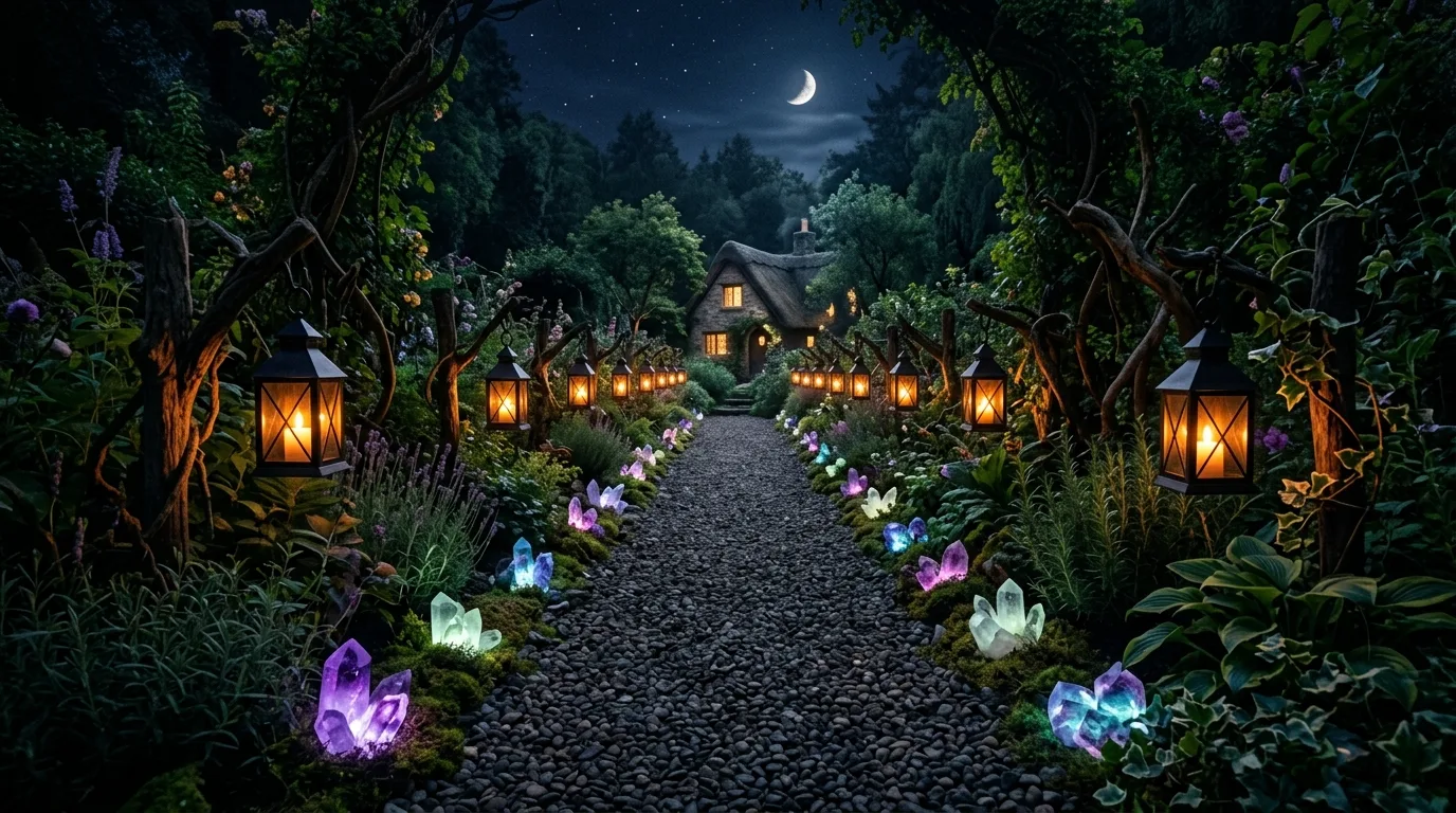 Witch garden pathway lined with black lanterns, gravel stones, and glowing crystal accents.
