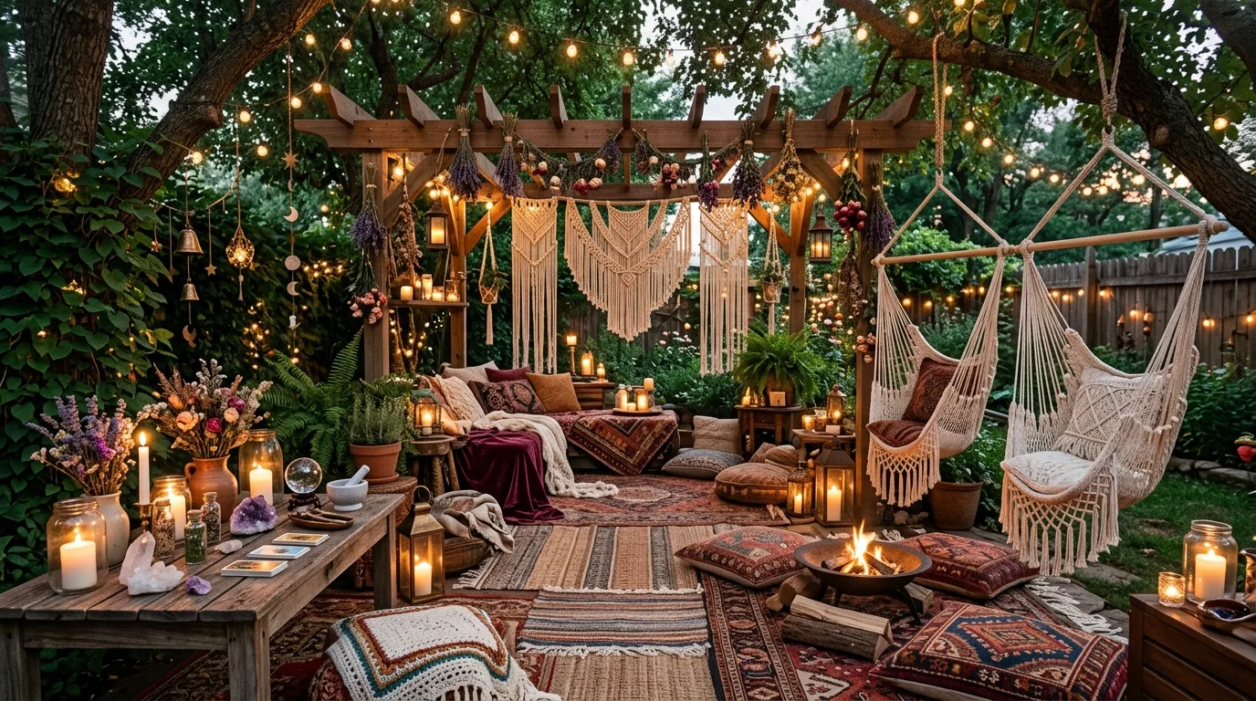 Bohemian witchy backyard with macrame swings, dried flowers, and layered textiles.