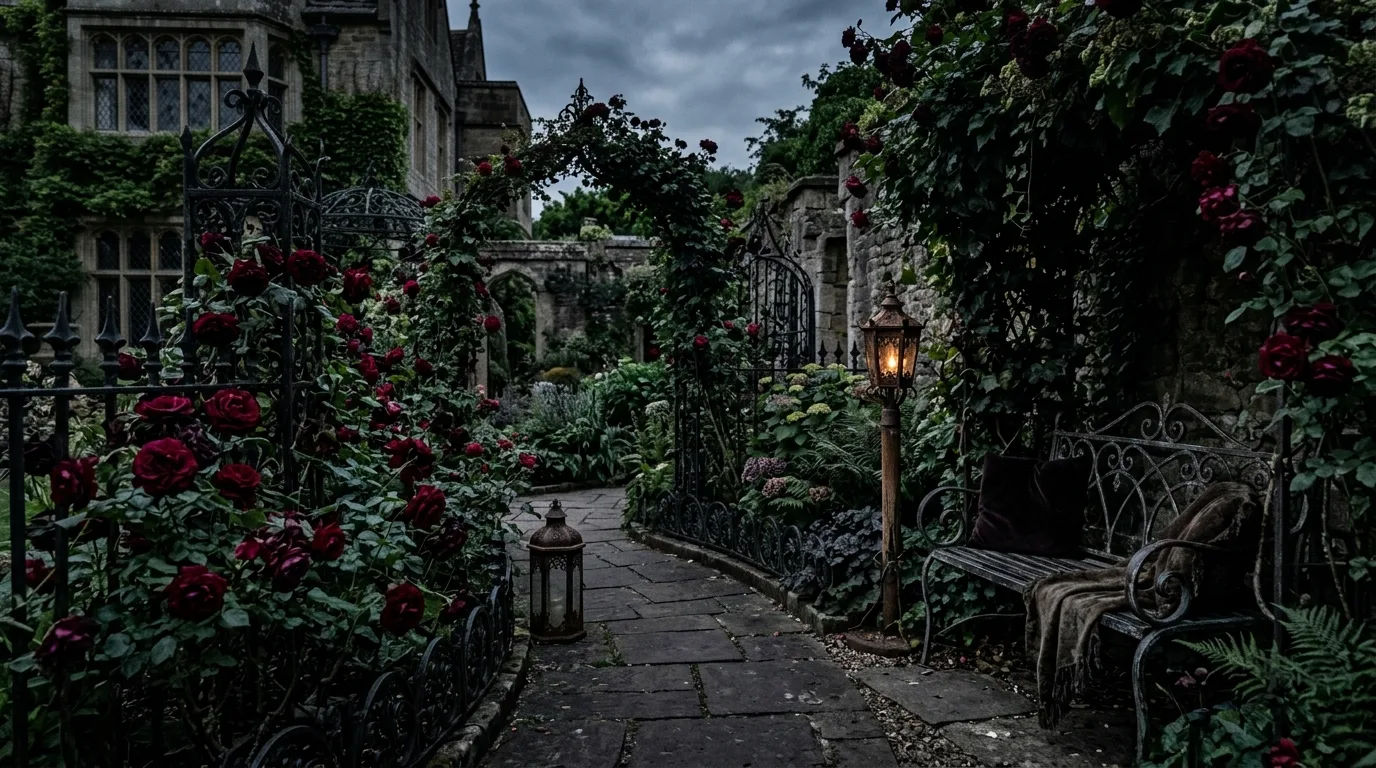 Gothic-inspired garden with dark roses, wrought iron decor, and antique-style seating.