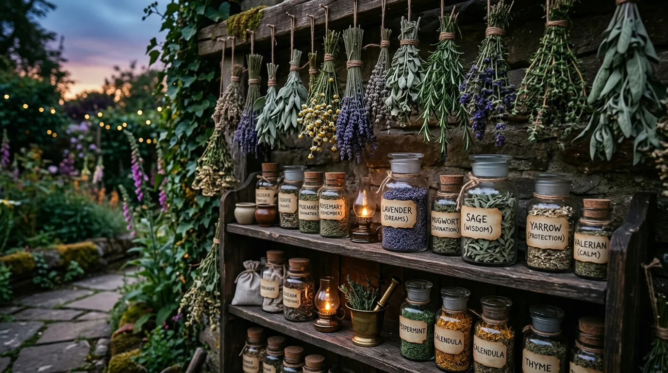 Magical herb garden with labeled jars, hanging bundles of herbs, and wooden shelves.