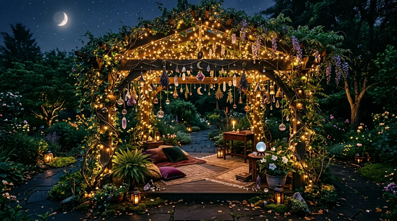 Witchy pergola covered in vines, fairy lights, and crystal ornaments.