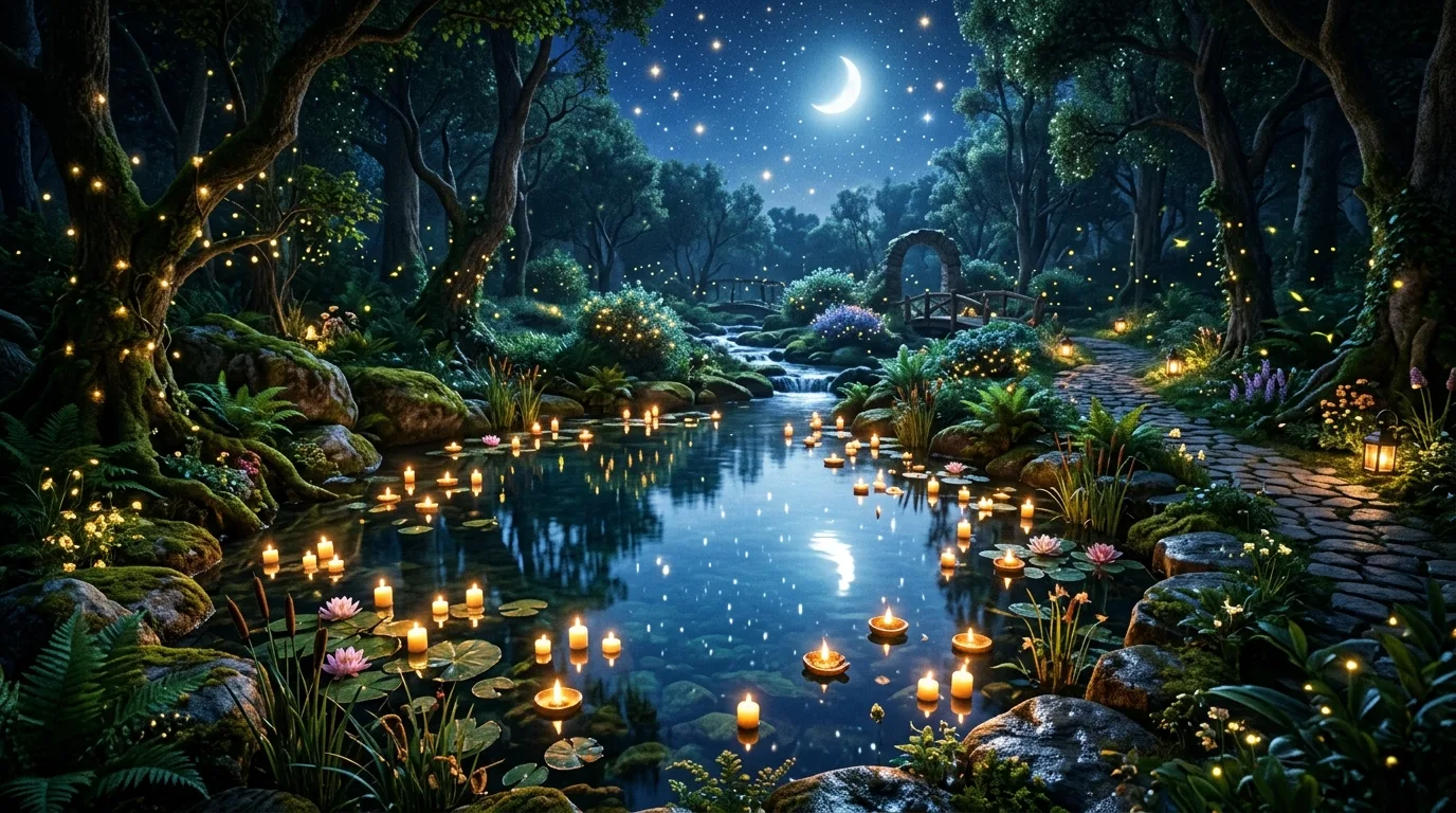 Mystical water feature with pond, floating candles, and reflective moonlight glow.