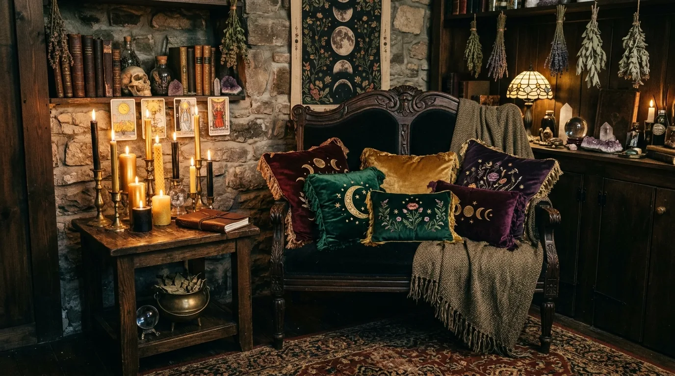 Witchy seating area with velvet cushions, dark wooden furniture, and candle clusters.
