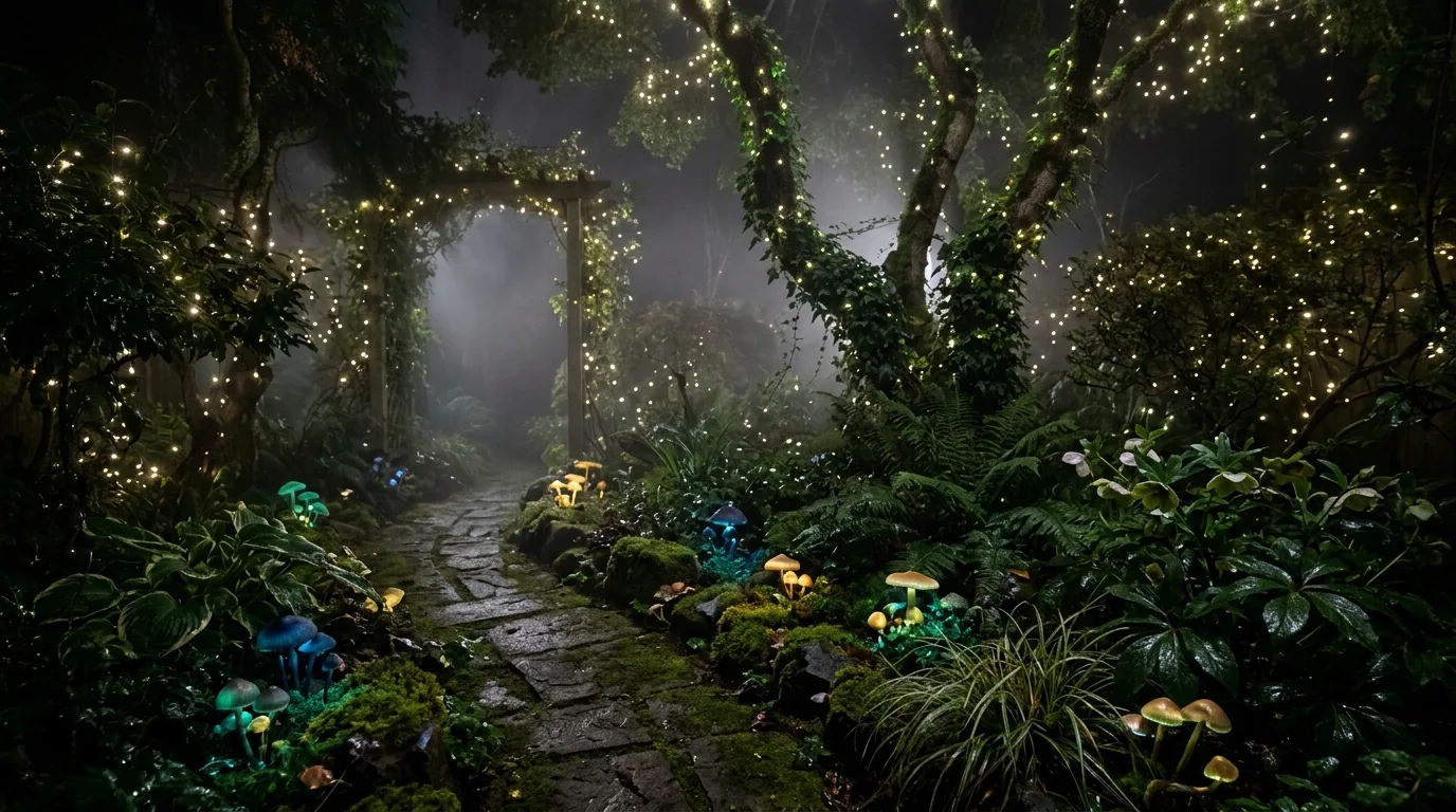 Enchanted backyard with fog, glowing mushrooms, and hidden fairy lights among plants.