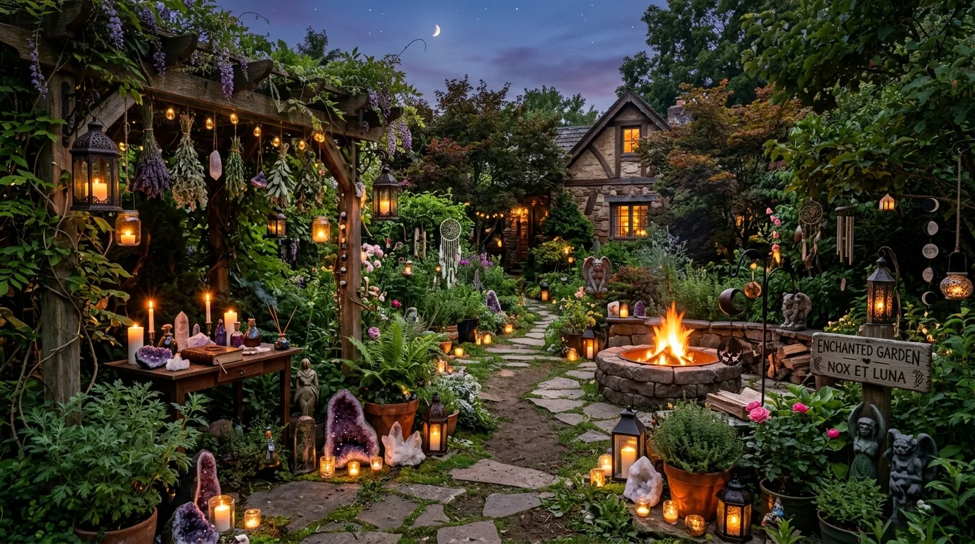 Fully styled witchy backyard with candles, crystals, herbs, fire features, and mystical decor.