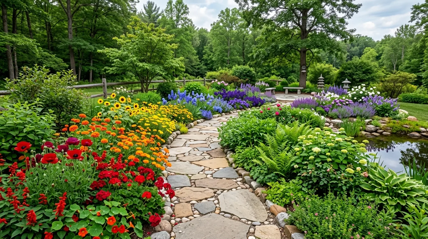 Chakra garden with seven colored flower zones aligned along a meditation path.