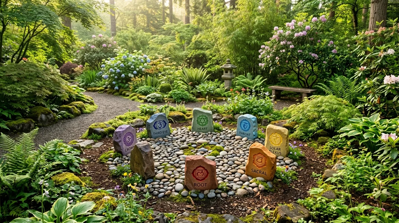 Meditation garden with chakra stone markers arranged in a circle.