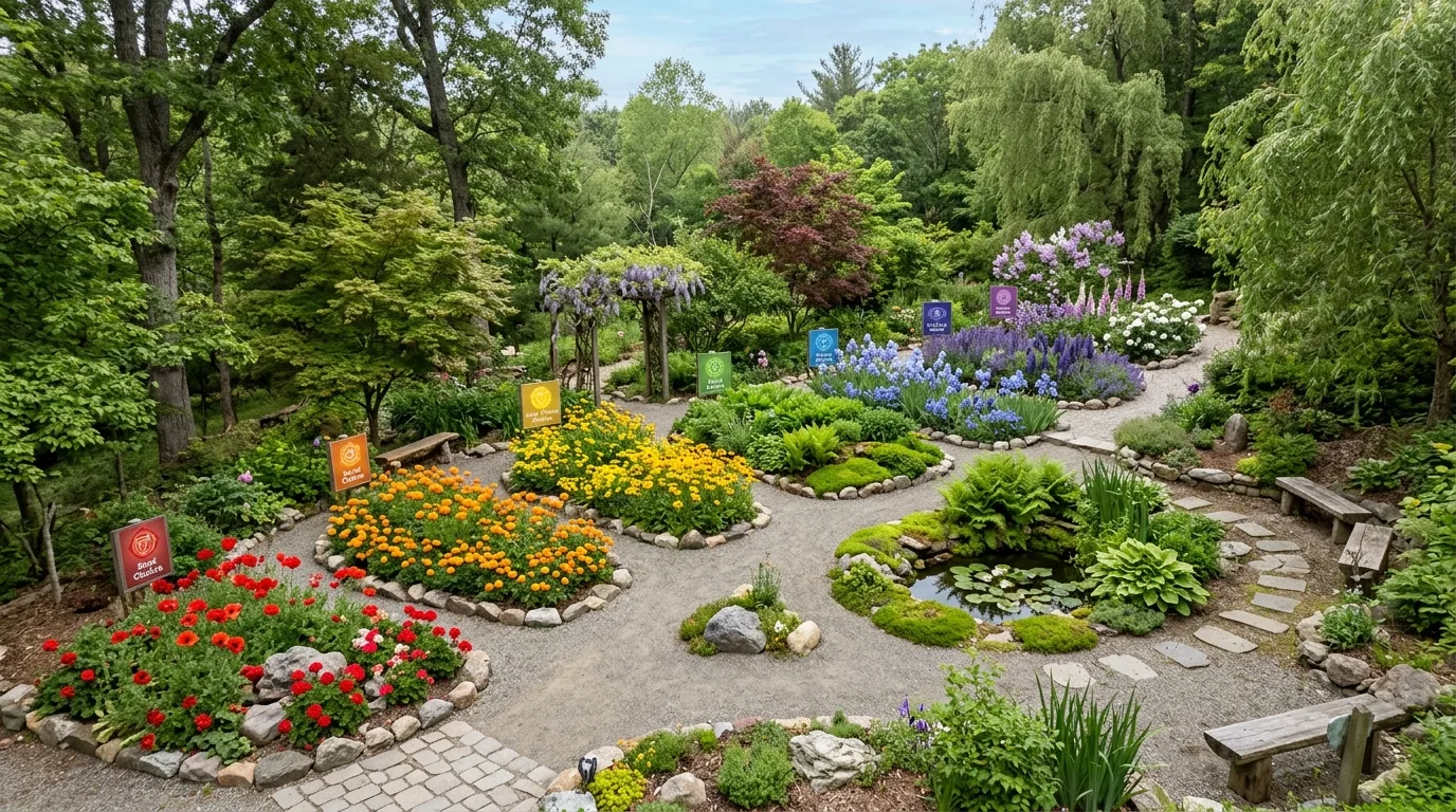 Mindfulness garden with gradient flower beds representing chakra energy points.