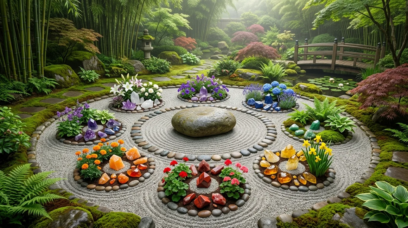 Zen chakra garden with central meditation stone, colored crystals, and planting.