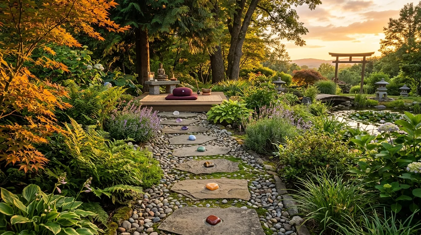Spiritual garden path with chakra stones embedded along stepping stones.