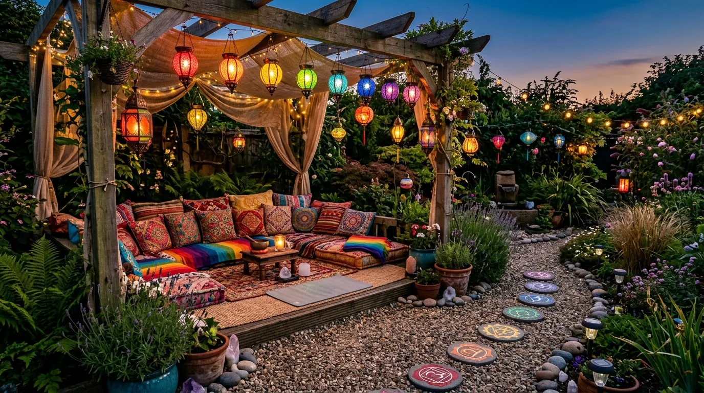 Boho chakra garden with colored lanterns and layered cushions for meditation.