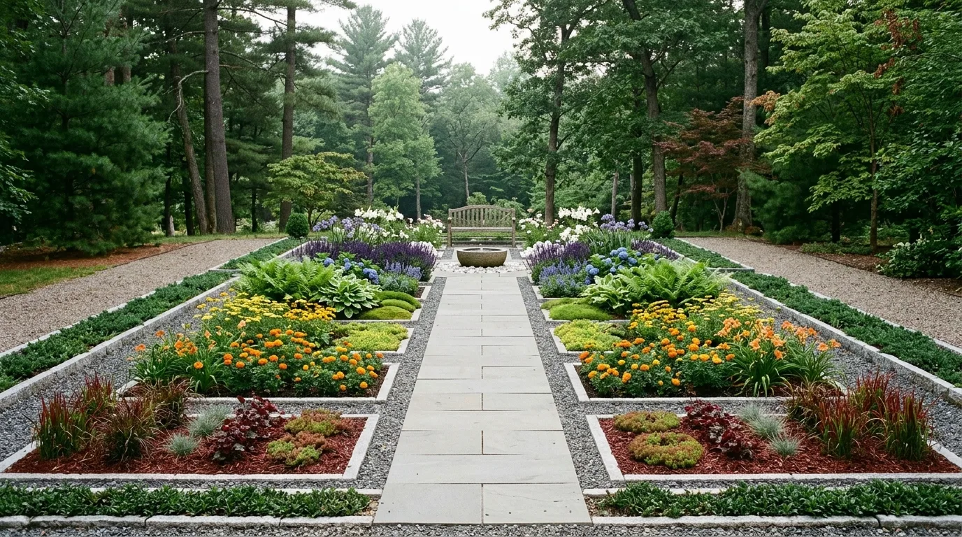 Minimalist chakra garden with clean stone layout and subtle colored plant zones.