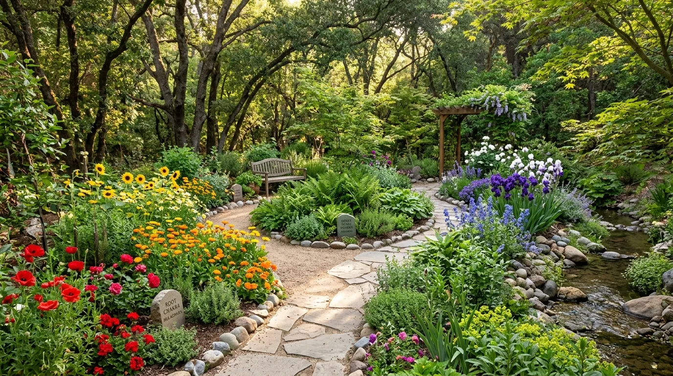 Chakra healing garden with aromatic herbs and flowers arranged by color symbolism.