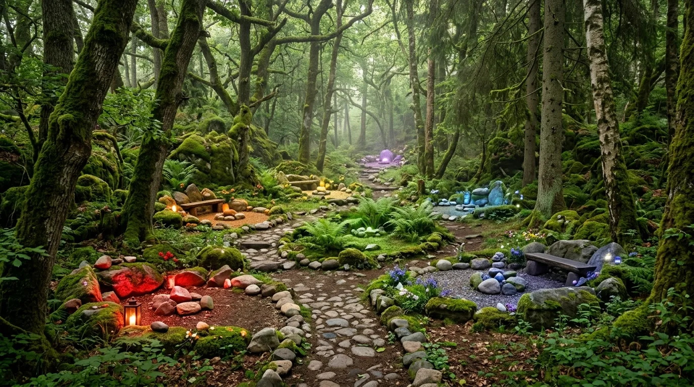 Forest meditation chakra space with stones, moss, and subtle colored light accents.