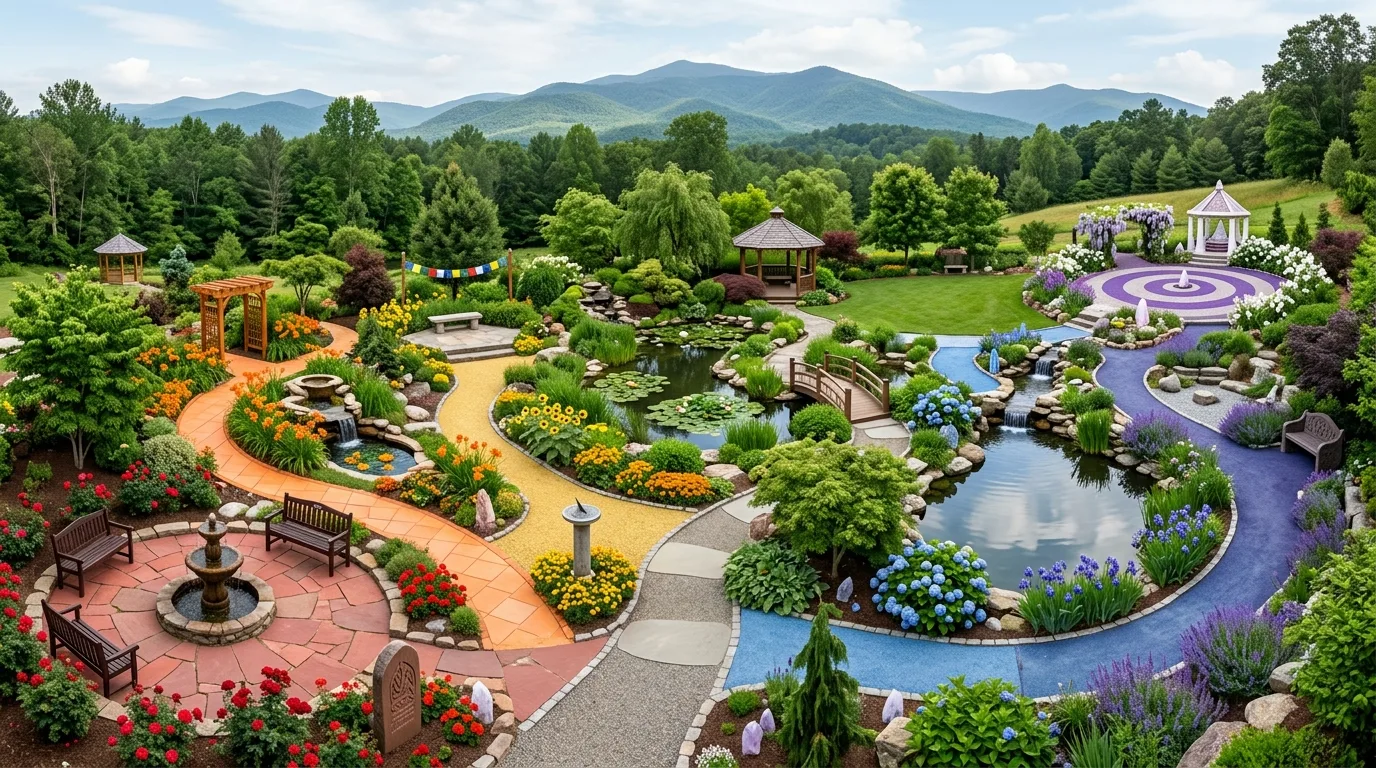 Fully designed chakra garden with seven energy zones, paths, and meditation spaces.