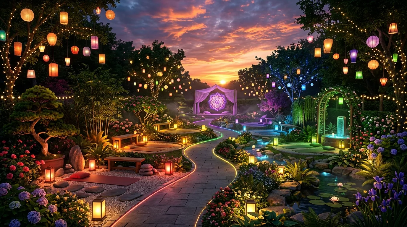 Sunset chakra garden with glowing lanterns and lights highlighting meditation zones.
