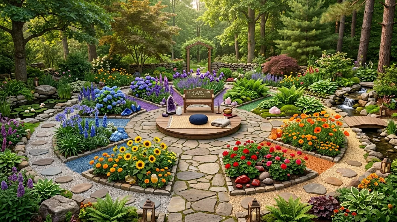 Chakra garden retreat with central seating, colored plants, crystals, and natural elements.
