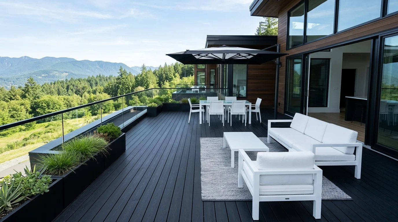 Modern outdoor deck with black decking boards and minimalist white furniture.
