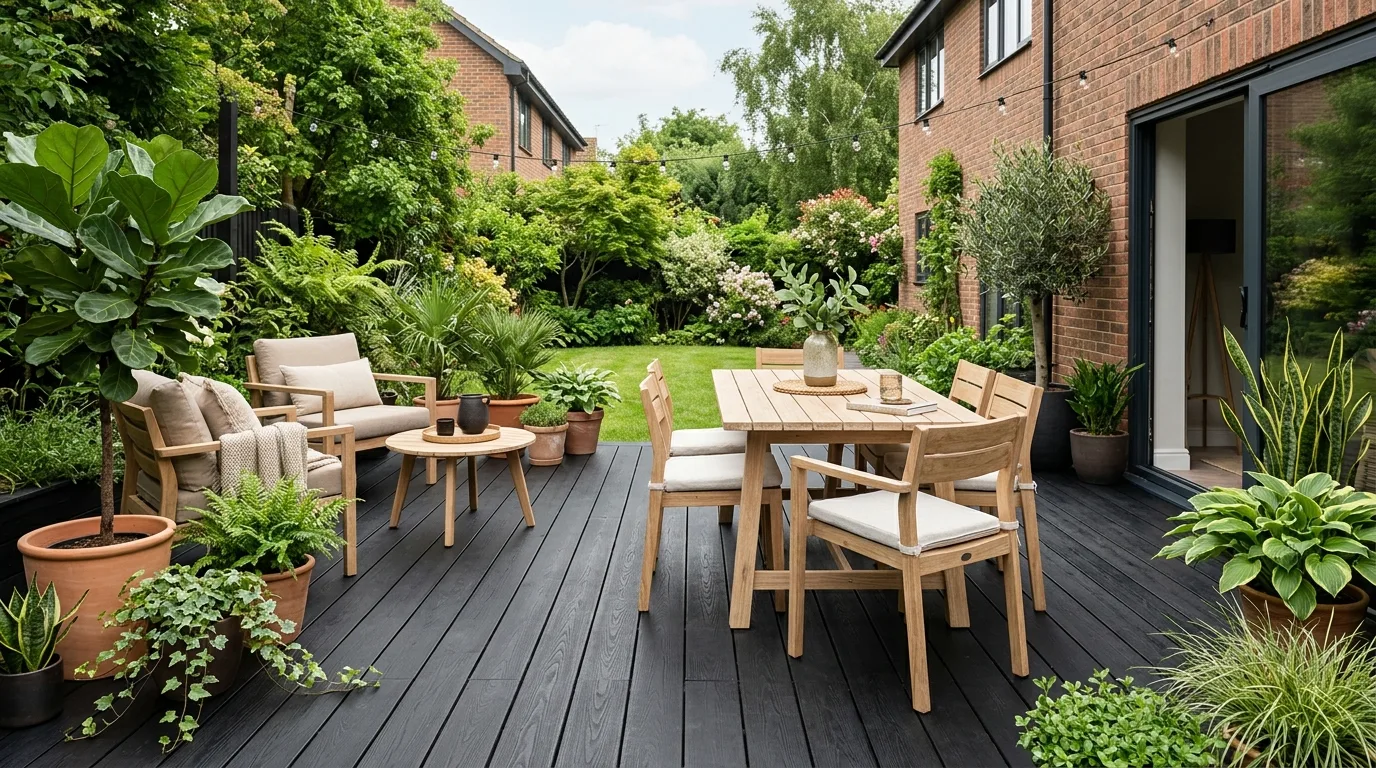 Black decking styled with light wood furniture and green potted plants.