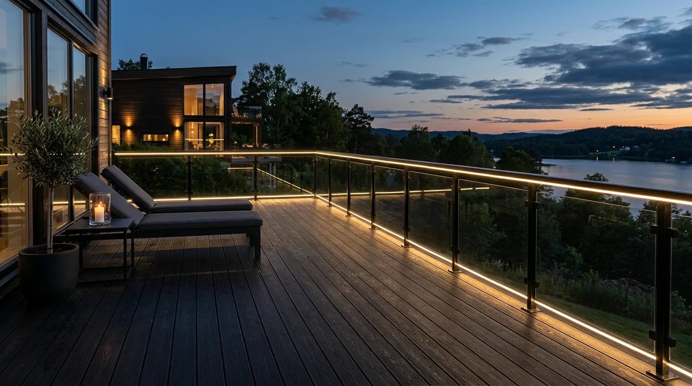 Contemporary black deck with glass railings and LED strip lighting along the edges.