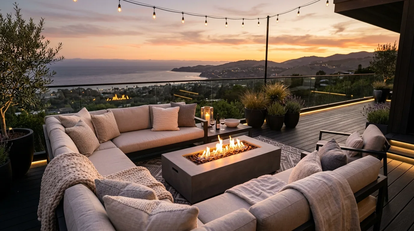 Luxury black decking with sectional sofa, neutral cushions, and modern fire pit.