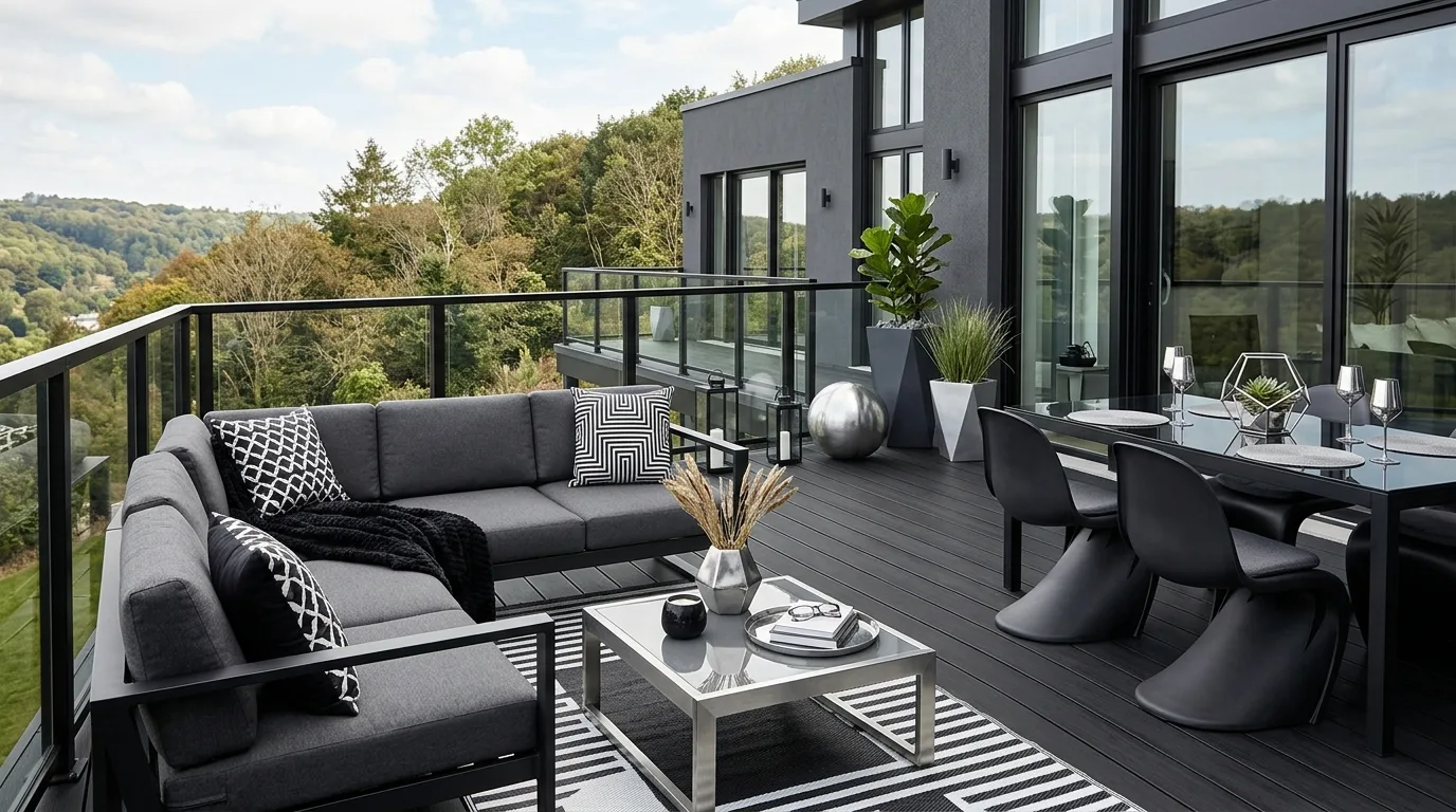 Black decking terrace styled with monochrome furniture and metallic accents.