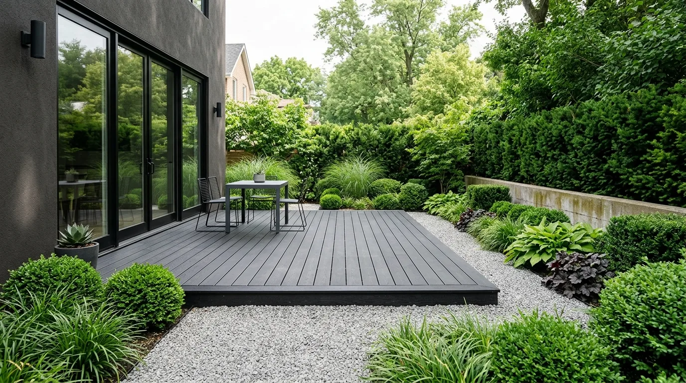 Minimalist black deck with gravel border landscaping and sculpted greenery.
