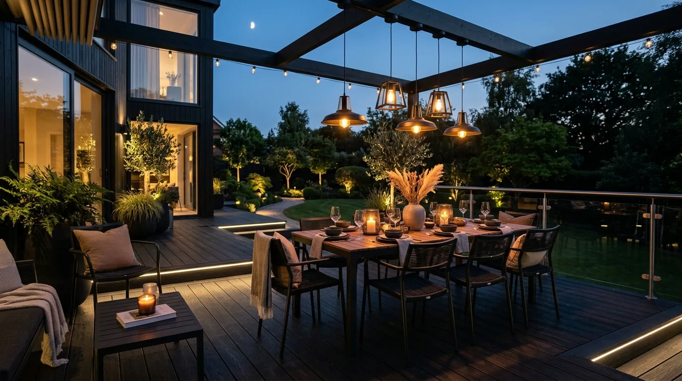 Modern black decking area with outdoor dining set and pendant lighting.