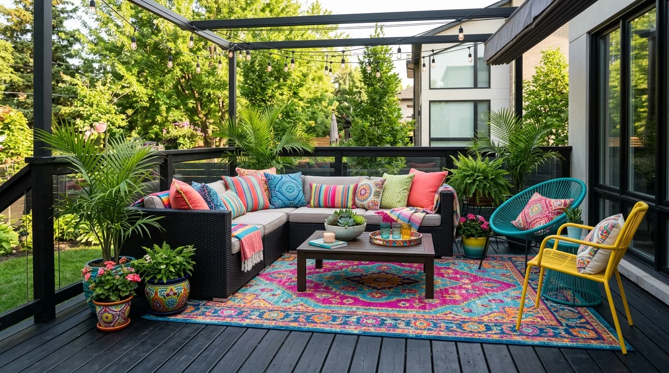 Black deck styled with colorful cushions and rugs for contrast.