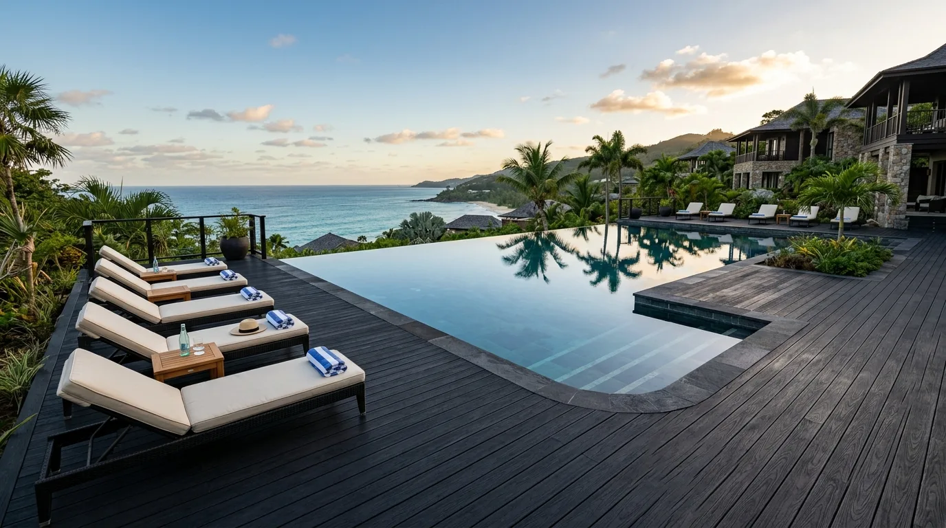 Poolside black decking design with lounge chairs and reflective water.