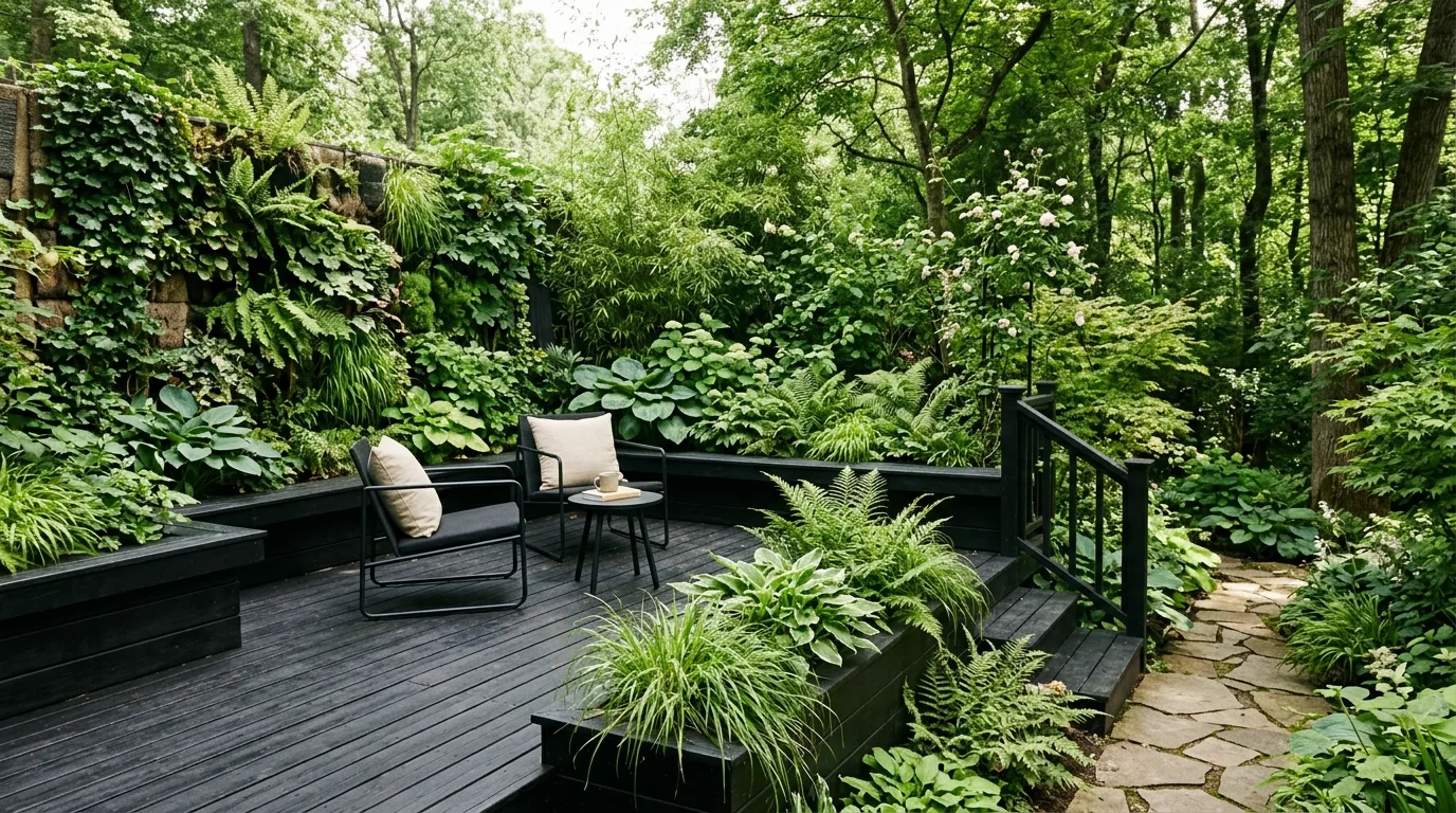 Black wooden deck integrated into a garden with lush greenery and vertical plants.