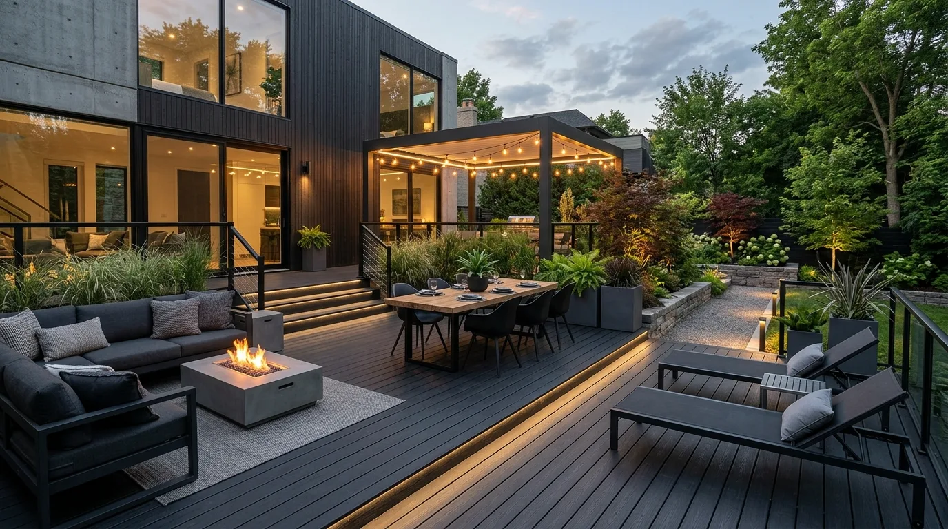 Fully styled black decking space with furniture zones, lighting, and landscaping.