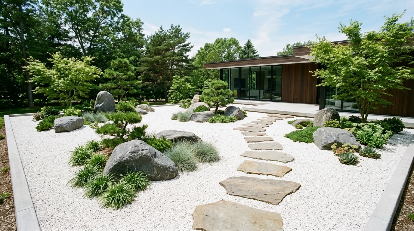 Modern rock garden with boulders, white gravel, and sparse greenery.