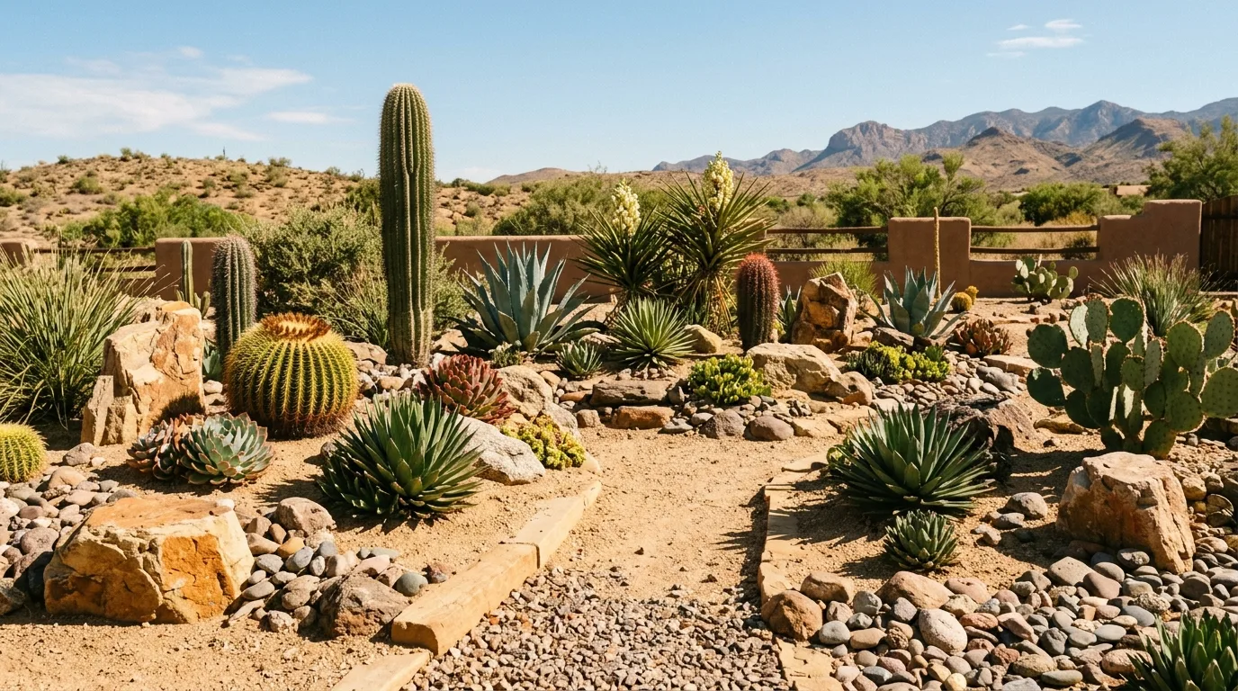 Desert-style rock garden with succulents, cacti, and stones.