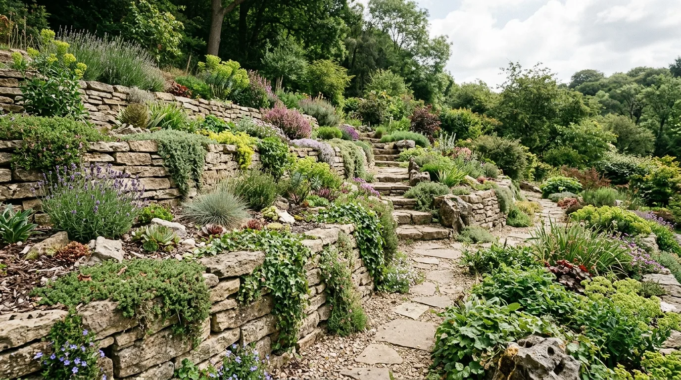 Tiered rock garden on a slope with layered stones and plants.