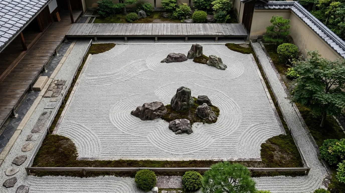 Zen-style rock garden with raked gravel and carefully placed rocks.