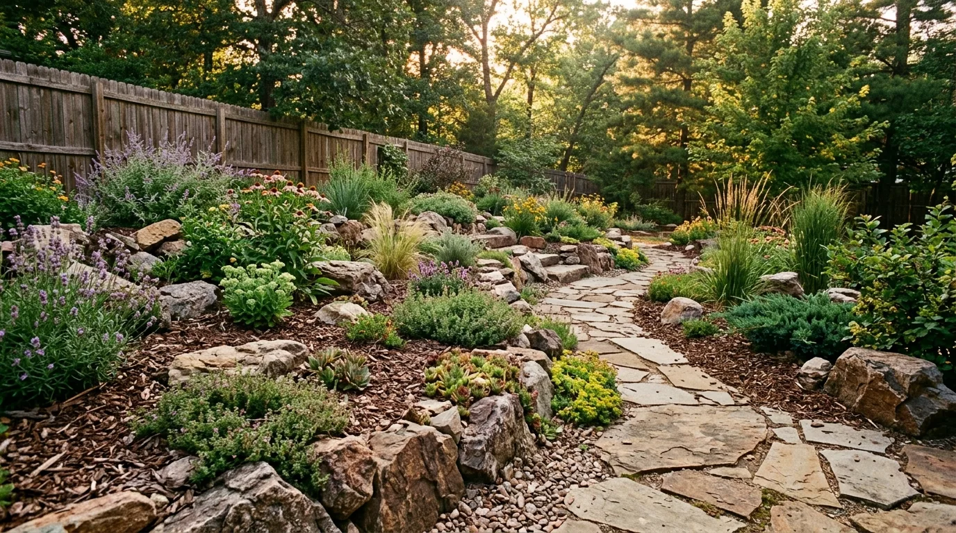 Rustic backyard rock garden with irregular stones and mulch.
