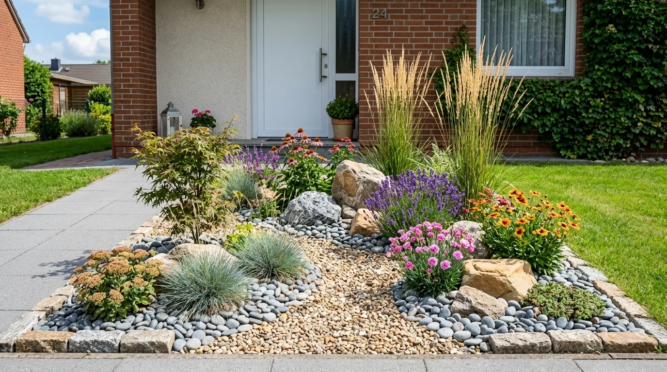 Small front yard rock garden with decorative pebbles and grasses.