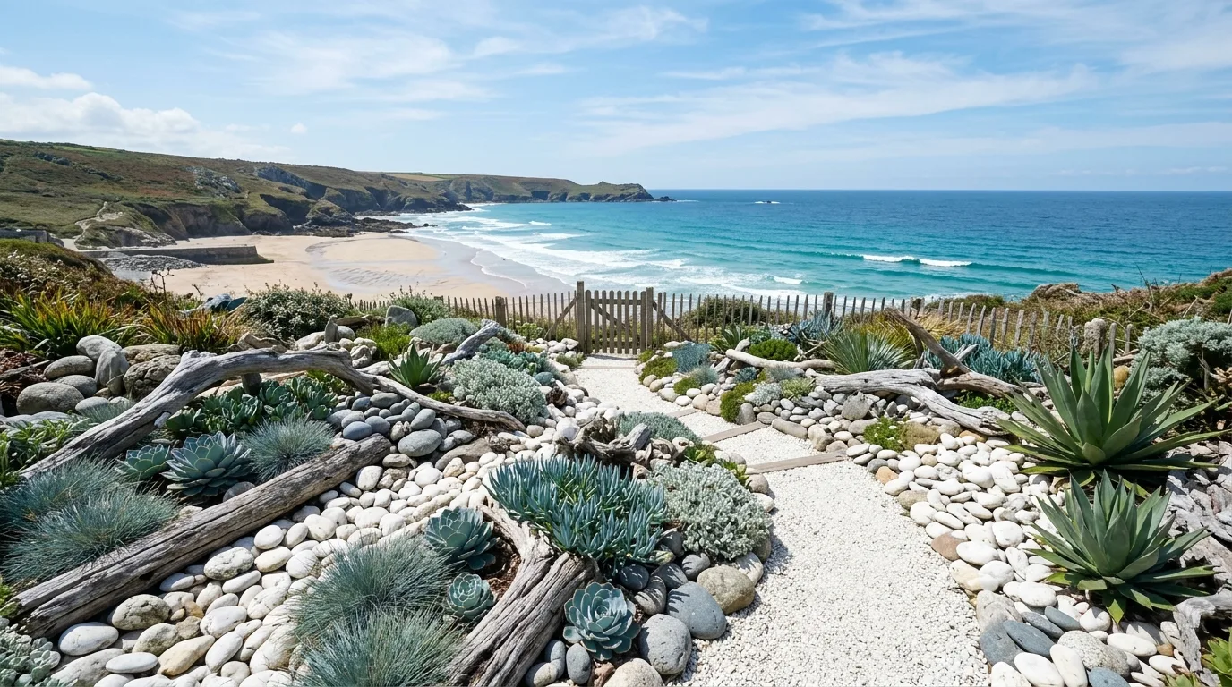 Coastal-inspired rock garden with driftwood and white stones.