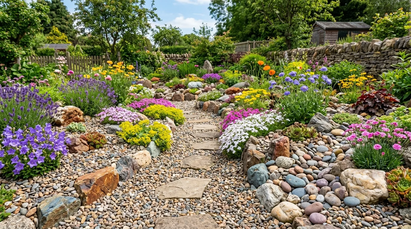 Colorful rock garden with mixed gravel tones and flowering plants.