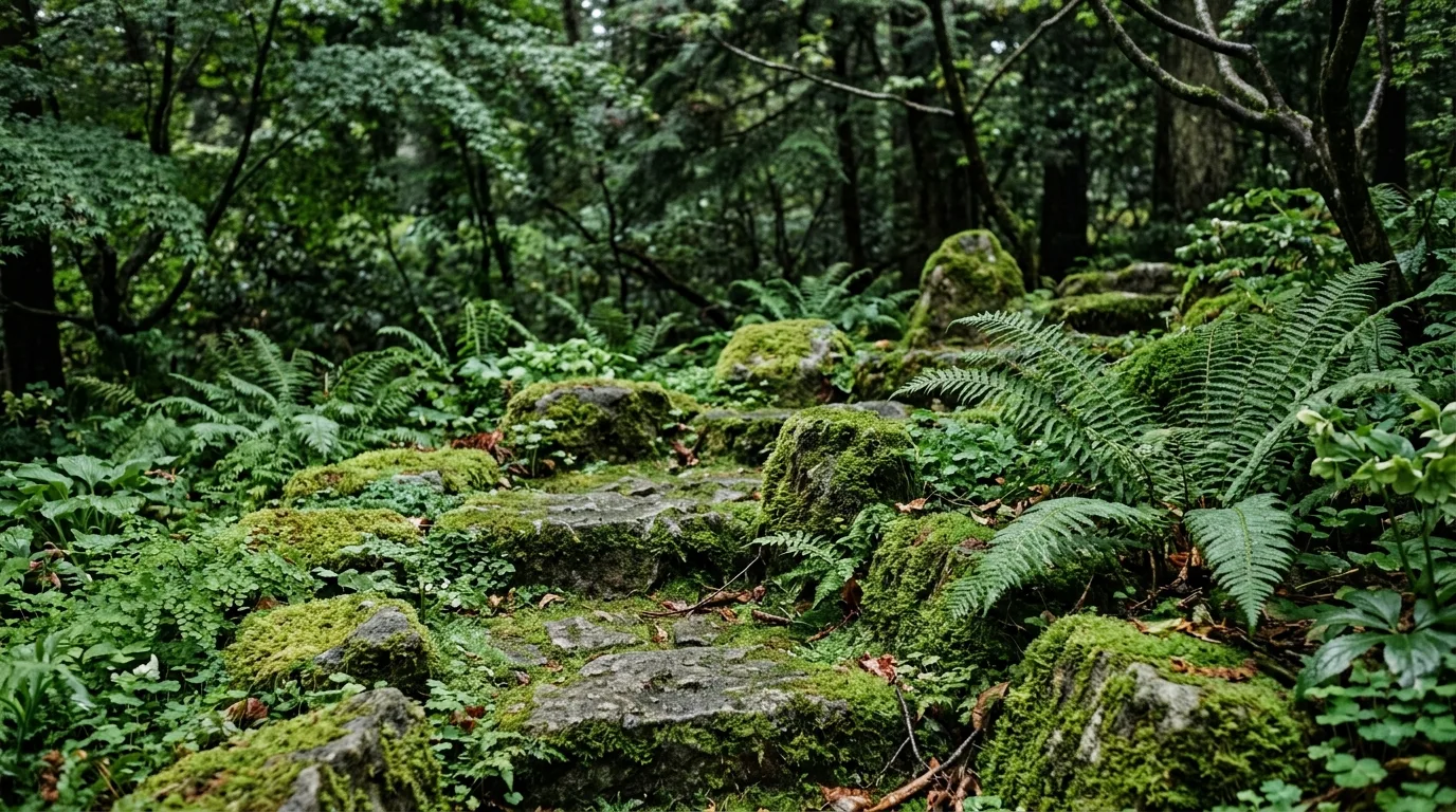 Shaded rock garden with mossy stones and ferns.